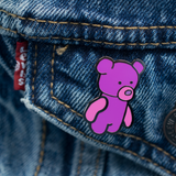 Pink Teddy Bear Enamel Pin on Jean Jacket