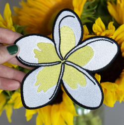 White and Yellow Plumeria Tropical Hawaiian Lei Flower Embroidered Iron-on Patch