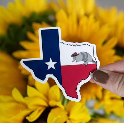 Texas Flag Sticker in Shape of State with Armadillo wearing Cowboy Hat for Water Bottle or Computer