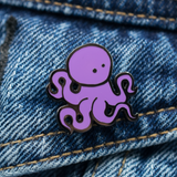 Purple Octopus Enamel Pin on Jean Jacket