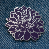 Dark Purple Dahlia Flower Enamel Pin in Silver on Jean Jacket