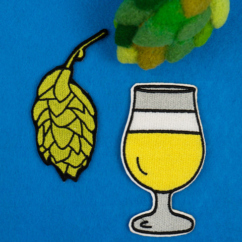 Beer Hops and Tulip Beer Glass Embroidered Iron-on Patch Set (Two Patches)